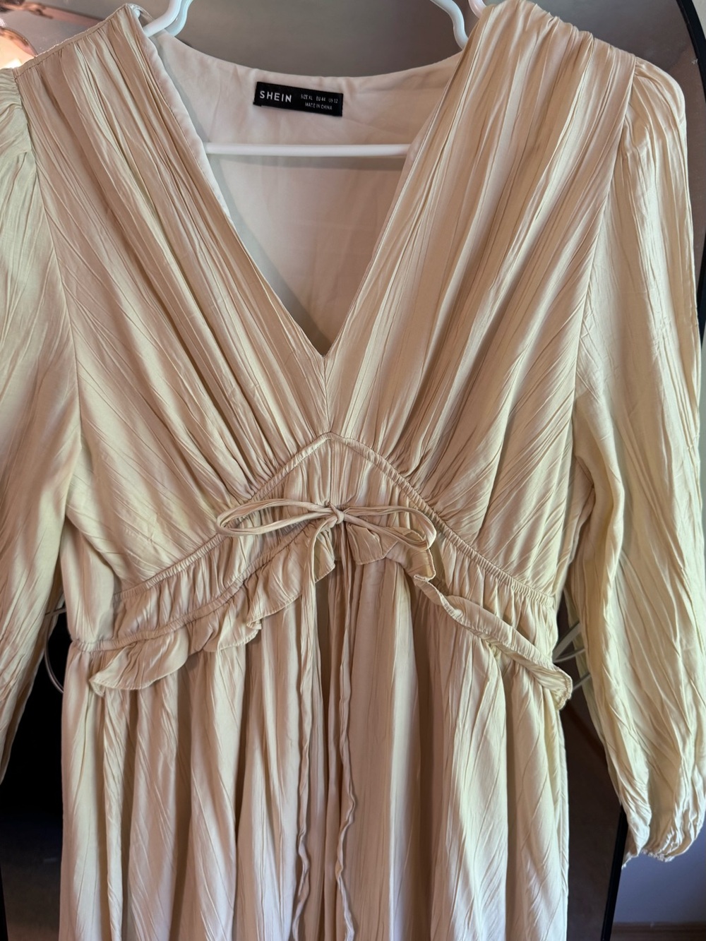 SHEIN Cream Long Sleeve V-Neck Ruffle Waist Dress